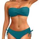 Women's Strapless Bandeau Bikini Set - Twist Front Two Piece Swimsuit Top with Side Tie Bathing Suit Bottom (Medium, Teal)