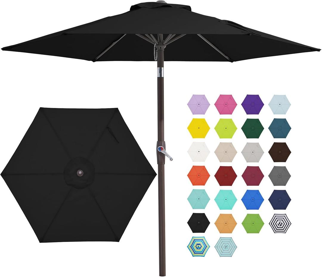 JEAREY 7.5FT Patio Umbrella Market Table Umbrella with 6 Sturdy Ribs, Push Button Tilt/Crank Outdoor Umbrella for Garden, Deck, Backyard, Pool and Beach,Black