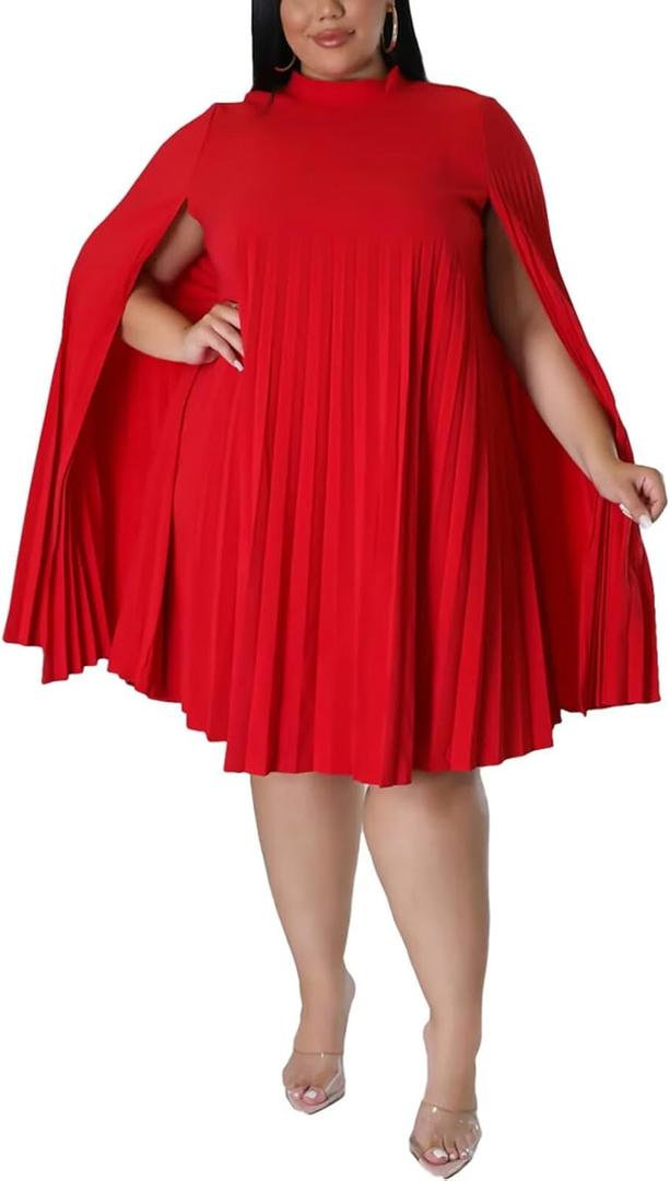 KEYUFANG Womens Plus Size Cape Sleeve Elegant Loose Pleated Short Dress for Cocktail Party (XX-Large, 65red)