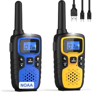 Wishouse Walkie Talkies for Kids Adults - Long Range Rechargeable 2 Way Radios,Gift,Hiking Accessories Camping Gear with Lamp,SOS Siren,NOAA Weather Alert,VOX,Easy to Use 2 Pack (Blue Yellow)