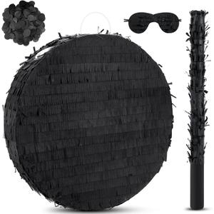 Jenaai 16" Round Blank Piata with Stick, Blindfold and Confetti for Adults and Kids' Birthday Parties, (Black)