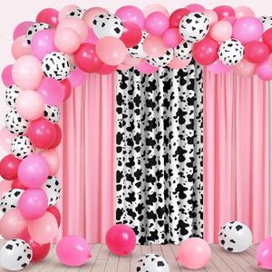 57 Pcs Western Cowgirl Party Decorations 2 Pink and 1 Cow Chiffon Backdrop Curtains 50 Cow Theme Balloons with Accessories for Farm Animal Cow Theme Birthday Party Photo Supplies