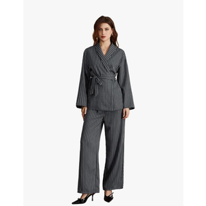 Women's 2 Piece Outfits Striped Belted Open Front Blazer and Pants Work Office Set, Size M