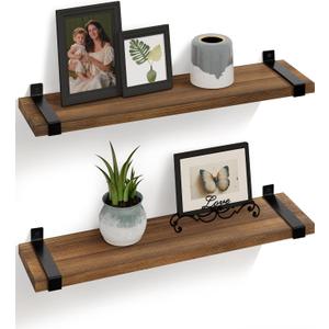 Gronda Wood Floating Shelves for Wall 24 Inch Rustic Natural Pine Shelf Industrial Shelving Wall Decor Storage Organizers Hanging Shelf for Bathroom Living Room Bedroom Kitchen Toilet, Set of 2