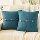 HAUSSY Teal Linen Decorative Throw Pillow Covers 20x20 Inch Set of 2,Square Cushion Case with 3 Vintage Buttons,Modern Farmhouse Home Decor for Couch,Bed