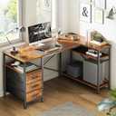 Huuger L Shaped Office Desk with Power Outlets, 47 Inch Computer Desk with 3 Drawers, Shelves, for Gaming, Corner Work, Home Office, Study, Rustic Brown