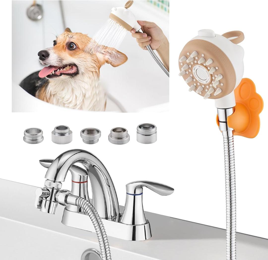 Dog Shower Attachment to Bathroom, Bathtub, Kitchen& Laundry Faucet Washing, High Pressure Pet Wash Cleaning Sprayer with Finger Clasp Bath Brush, 4ft Hose, Shower Holder, Sink or Indoor