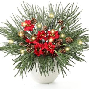 Suncalla 12 Pack Lighted Artificial Christmas Pick Pine Branches with Red Berry Stems 17 Inch Real Touch Faux Norfolk Cedar Branch with Flower for Vase Garland Xmas Home Decoration Craft (Norfolk)