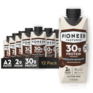 Pioneer Pastures - High Protein A2 Milkshakes - Chocolate - A2 Nutritional Milk, 30g Protein, 2g Sugar, No Artificial Sweeteners, No Seed Oils - All-Natural, Breakfast Shake, Meal Replacement, Workout - 11oz, 12 Pack, BBD 01/15/2026