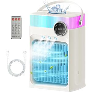 Portable Air Conditioners, Mini Portable AC Unit for Bedroom, 1200ML Small Cooling Fan with Remote, 3 Mist, 3 Speed, 8 Light, 2-8H Timer Personal Cooler Fans for Office Camping Car Desk(Pure White)