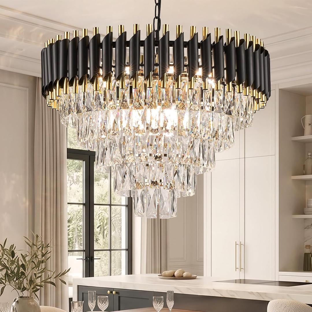 Modern Crystal Chandelier, 12-Light Round Tiered Chandelier, 24" Black Metal Pendant Light, Adjustable Hanging Ceiling Fixture for Foyer Living Room Dining Room, Luxury Raindrop Lighting, 23.5 inches