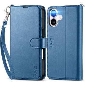 TUCCH Wallet Case for iPhone 17 (6.3-Inch) 2025, Wrist Strap | RFID Blocking 4 Card Holders | Kickstand | Shockproof TPU Shell | PU Leather | Magnetic | Protective Flip Cover | Light Blue