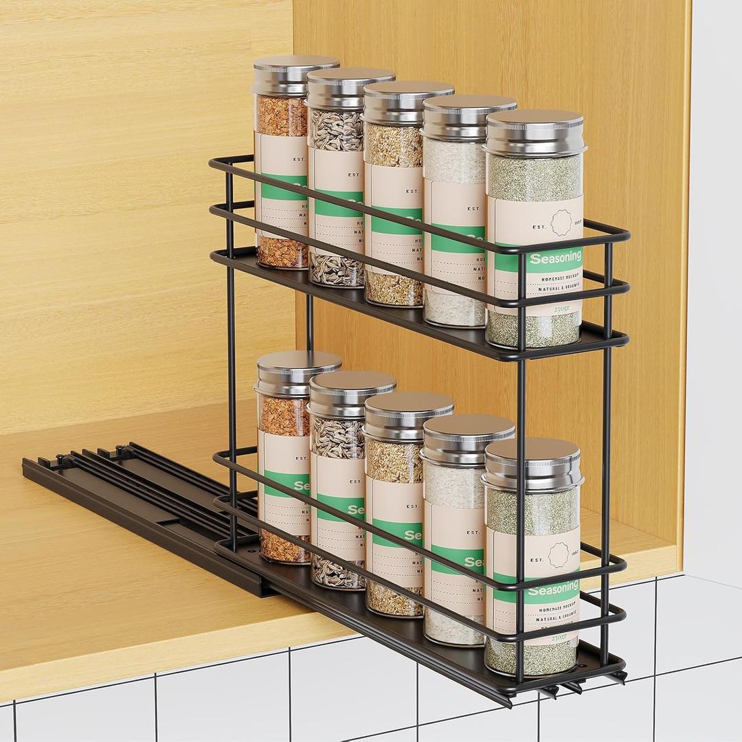 Pull Out Spice Rack Organizer for Cabinet, Slide Out Spice Racks, Easy to Install Spice Cabinet Organizer, 2.75''Wx10.35''Dx8.26''H, 1 Drawers 2 TiersBlack