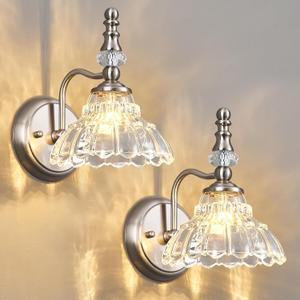 Vintage Wall Sconces Matte Brushed Antique Nickel Finish Indoor Wall Sconces Fixtures Wall Lights with Crystal Glass Shade Vanity Lights for Bedroom Bathroom Living Room Hallway(2-Pack)