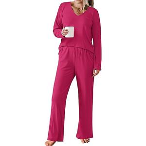 Ekouaer Womens Ribbed Knit Pajamas Set V Neck Long Sleeve Pj Set 2 Piece Loungewear Casual Sleepwear 2XL