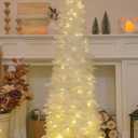 HMASYO 5 FT Pop Up Christmas Tree with Timer Lights, White Tinsel Christmas Tree with Snowflake Ornaments, Collapsible Artificial Pencil Tree Xmas Decoration for Home, Office, Easy Assembly