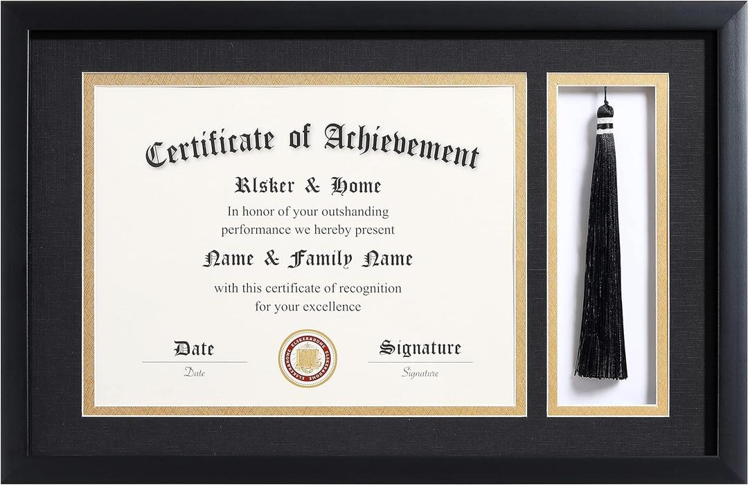 ELSKER&HOME 11x17 Diploma Frames with Tassel Holder for 8.5x11 Certificate Document Shadow Box, Matte Black Frame, Degree Double Mat, Black with Gold Rim