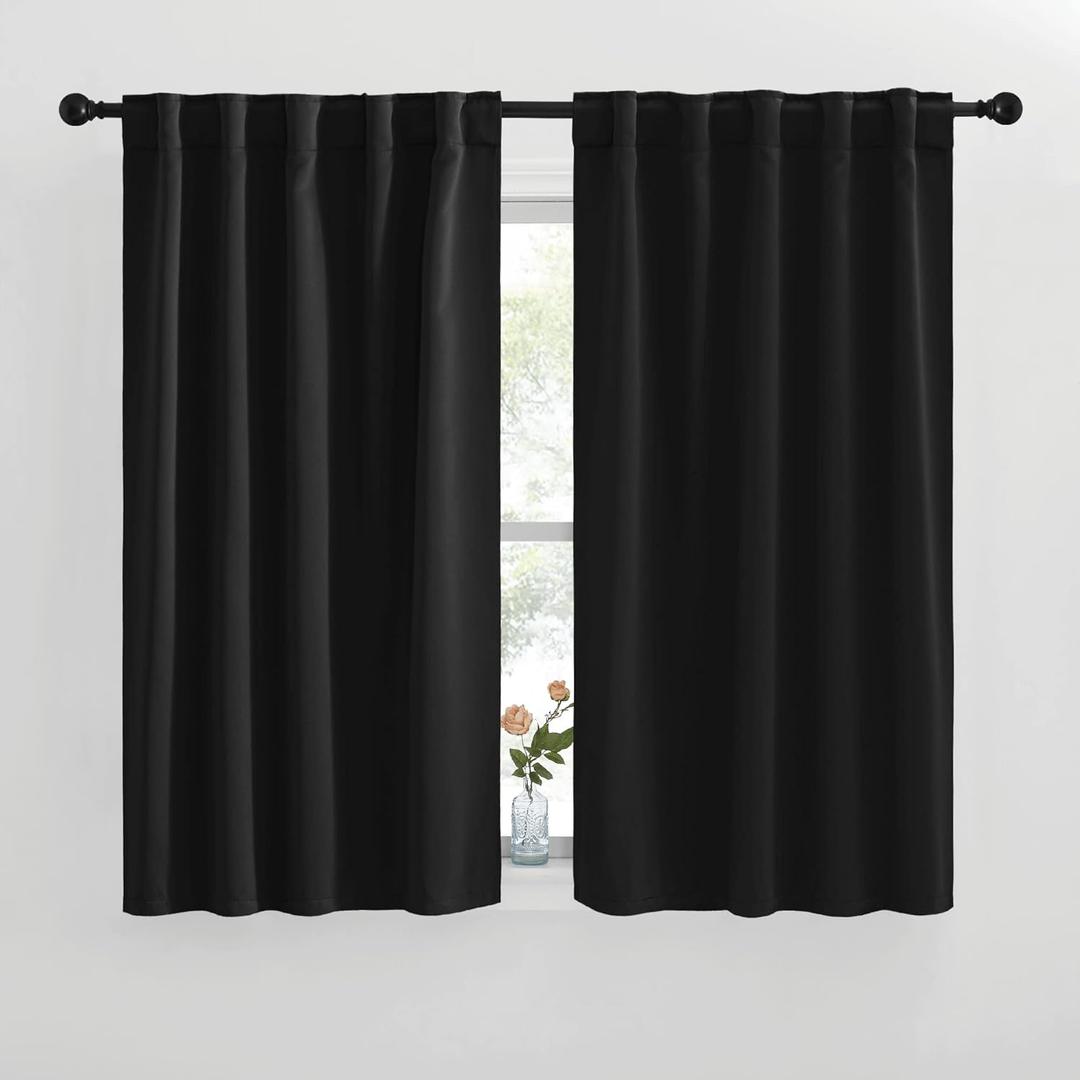  Blackout Curtains Window Panel Drapes - (Black Color) W42 x L50, Double Panels, Home Decoration Light Blocking Thermal Insulated Rod Pocket & Back Loop Draperies for Bunk Bed