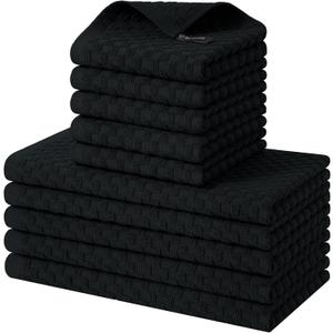 Homaxy 100% Cotton Kitchen Towels and Dishcloths Set, 12 x 12 & 15 x 25 Inches, Set of 10 Bulk Terry Cloth Dish Towels, Super Soft and Absorbent Hand Towel with Hanging Loop, Black