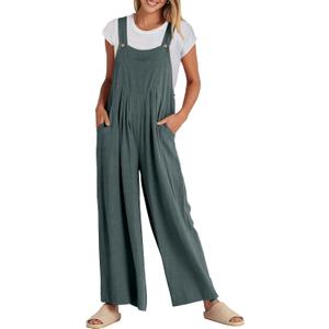 ANRABESS Womens Jumpsuits Overalls Linen Wide Leg Jumpers Casual Summer Fall Outfits 2025 Beach Vacation Clothes with Pockets (Small, Grey Blue)