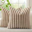 decorUhome Cozy Faux Fur Throw Pillow Covers 22x22 Set of 2 Decorative Soft Plush Striped Modern Farmhouse Boho Couch Euro Sham Pillow Cases with Velvet Back for Sofa Bed Living Room, Khaki Brown