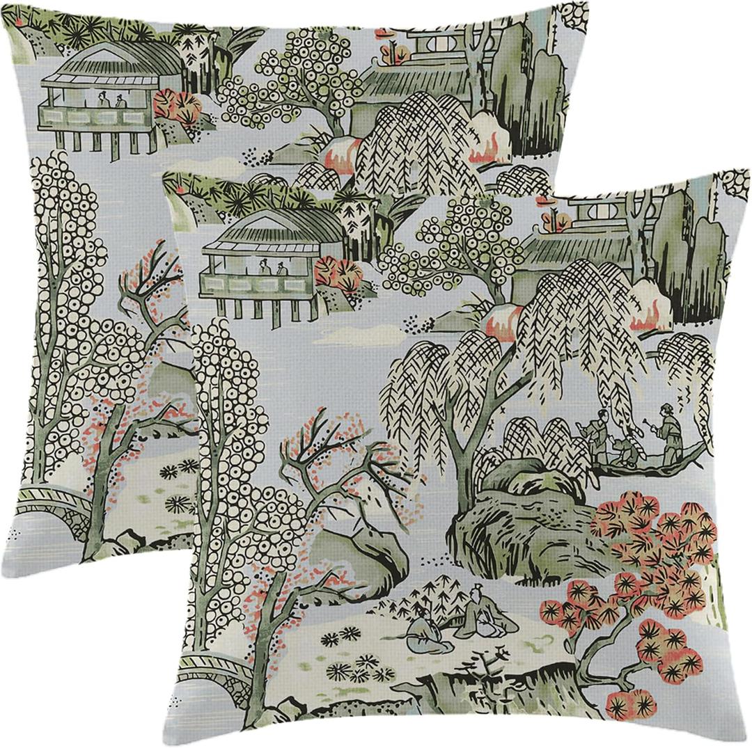 Boho Coral Chinoiserie Pillow Cover 18x18 Inch Set of 2
