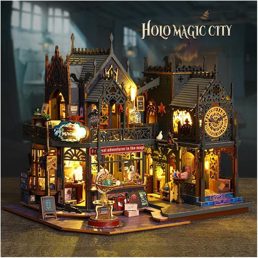 DIY Miniature Dollhouse Kit Magic Castle,Tiny House to Build Live in,Mini Handmade Unzip 3D Wooden Puzzle Furnishing Decor Model with Dust Cover and Music(ES012-Holo Magic City) (Holo Magic City)