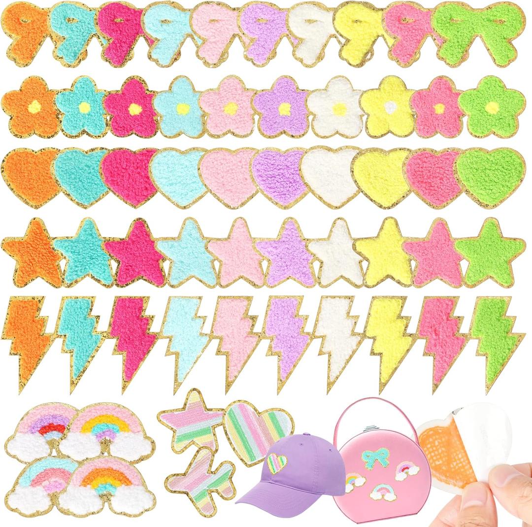 Self-Adhesive Chenille Patches for Girly Bags: NICEVINYL 57PCS Multicolor Flower Star Heart Cute Patch Embroidered Stick on - Lighting Rainbow Sticker Applique for Clothing Fabric Backpack Decor