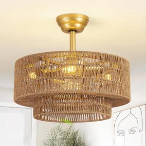 Boho Caged Fandelier with Lights Flush Mount Rattan Ceiling Fan with Lights and Remote Control, Enclosed 6 Speeds Low Profile Fan Light for Bedroom, Living Room, Kitchen, Medium