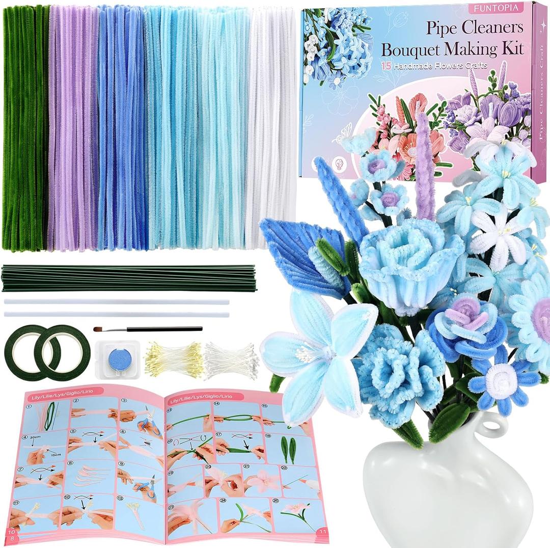 Pipe Cleaner Flowers, 540 Pcs Pipe Cleaners Flower Kit, 6 Assorted Colors Pipe Cleaners Bulk with Instruction, Chenille Stems for DIY Flower Making Kit (Blue, 12in x 7mm)