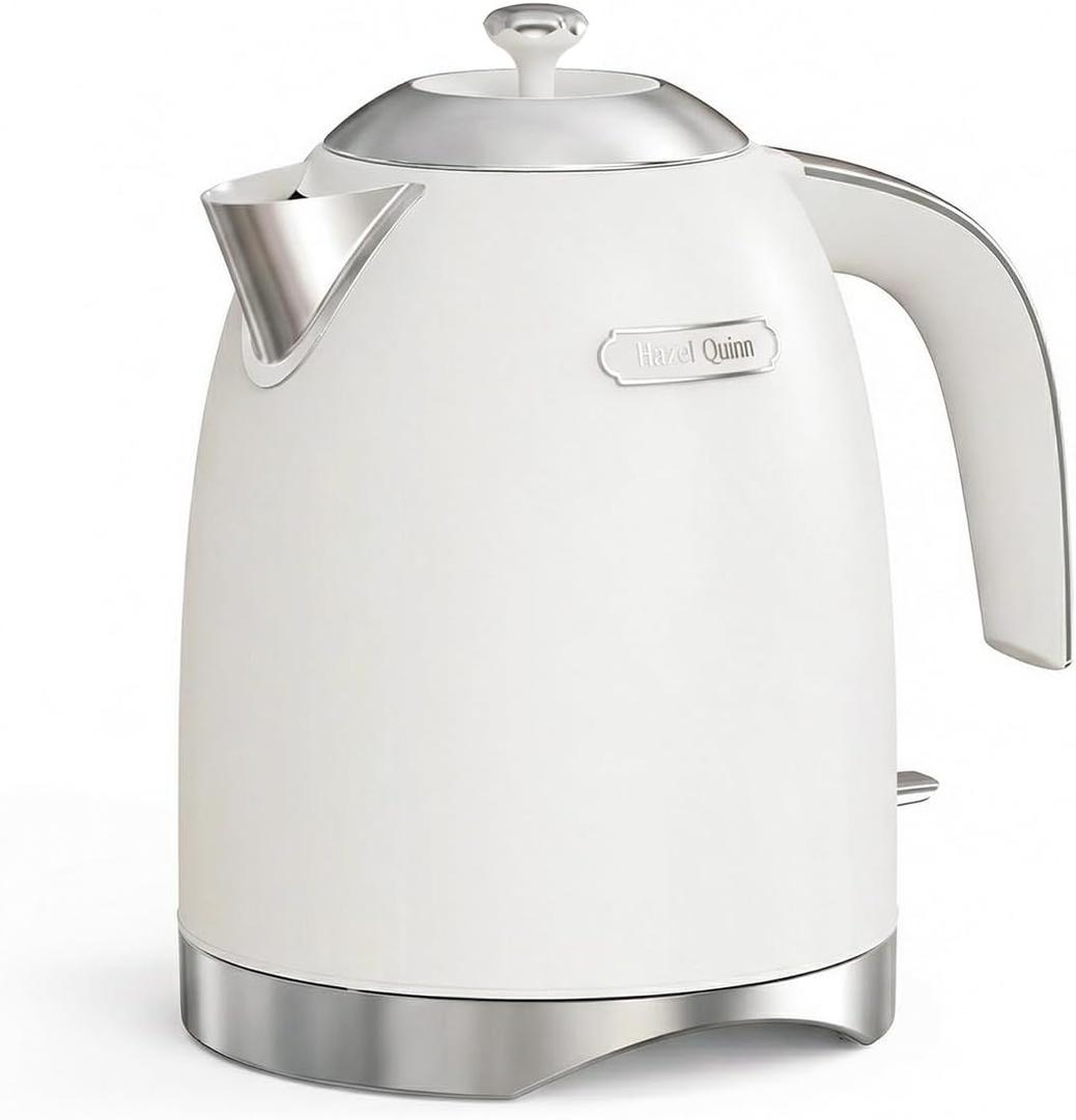 Hazel Quinn Electric Kettle - 1.7 Liters (57oz) Stainless Steel Water Kettle, BPA-Free Interior, 1200W Fast Boiling, Cordless, Rotational Base - Pearl White
