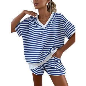 Melliflo Women 2 Piece Outfits Lounge Sets Striped Print Long Sleeve V Neck Sweatshirt and Shorts Set Sweatsuit (Blue, L)