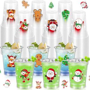 60Pcs Christmas Plastic Cups, 16 OZ Merry Christmas Clear Cup Disposable Xmas Tree Santa Claus Snowman Reindeer Gingerbread Man for Cold Drinks Xmas Party Supplies Decorations