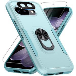 for Google Pixel 9a Case with Screen Protector+Camera Lens Protector,Heavy Duty Shockproof Full Body Protective Cover Built in Rotatable Metal Ring Holder Kickstand, 2025 Mint Green