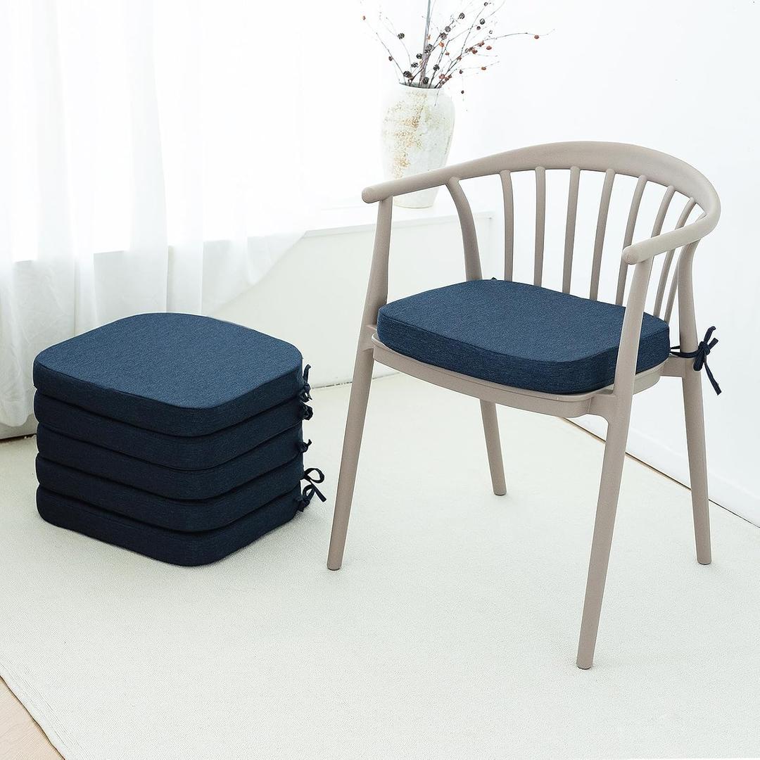 C-Hopetree Indoor Outdoor Dining Chair Cushions with Ties, Seat Pads for Kitchen with Washable Cover and Non-Slip Bottom, High-Resilient Foam, Waterproof, 17" x 16" x 2", Navy Blue, Set of 6