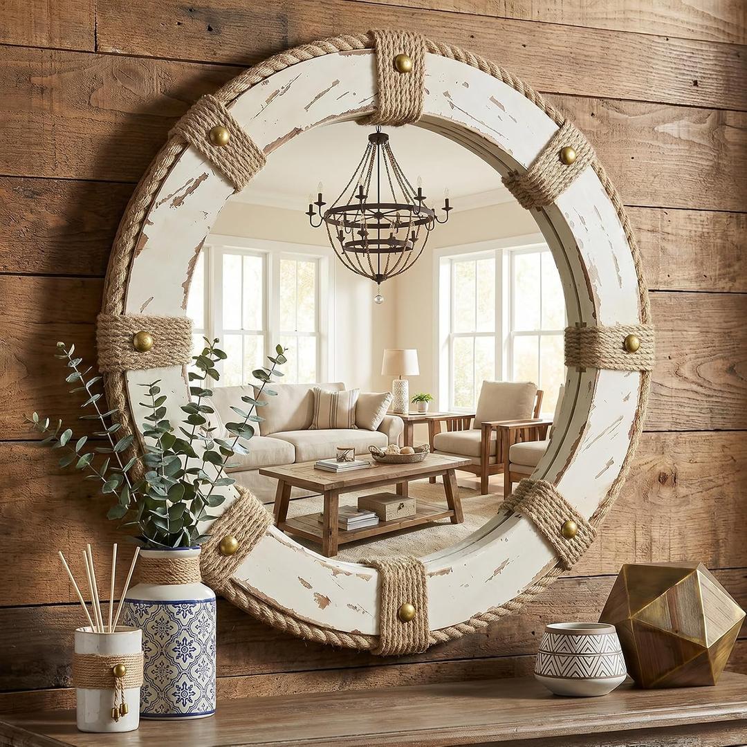 24" Nautical Rustic Coastal Wood Distressed Brown Round Wall Mirror Decor