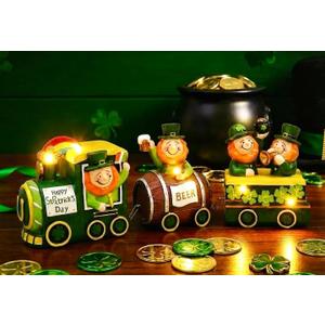 Valery Madelyn St Patricks Day Decorations for Home, Lighted LED Train Leprechaun Decorations with Shamrock Pot of Gold Guiness Beer, Irish Resin St Patty Day Tiered Tray Decoration Table Centerpiece
