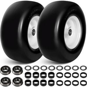 13x6.50-6 Flat Free Lawn Mower Tire Wheels; 2 Packs Smooth Tread Puncture-proof Tire for Lawnmowers, Replacement 3/4" & 4 Pcs 5/8" Bearing with 24 Spacers for Zero Turn Mowers Garden Tractors Carts