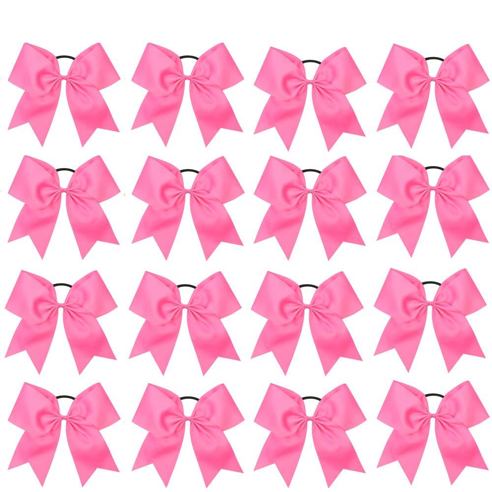 16PCS 8" Large Cheer Hair Bows Ponytail Holder Elastic Band Handmade for Cheerleading Teen Girls College Sports (Hot Pink, 1 Count (Pack of 16))