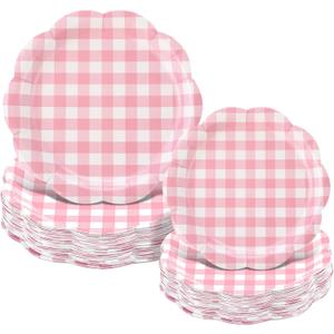 Maxdot Light Pink Paper Plates 100 Pack Gingham Party Decoration 9" & 7" Checked Plaid Disposable Dessert Plates Tableware for Baby Shower Wedding Birthday Party Supplies