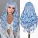 Fancy Hair Light Blue Wig with Bangs Long 26 Inches Mermaid Blue Synthetic Hair Wavy Curly Heat Resistant Costume Wigs for Women Cosplay Party Daily Use