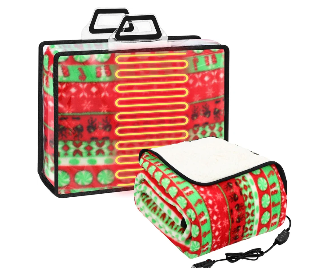 Riakrum 12V Heated Blanket for Car with 2 Heating Levels Winter Electric Blanket Warm Throw Gift, Plugs into Car Truck SUV RV and Camping, 58 x 43 Inch(Christmas)