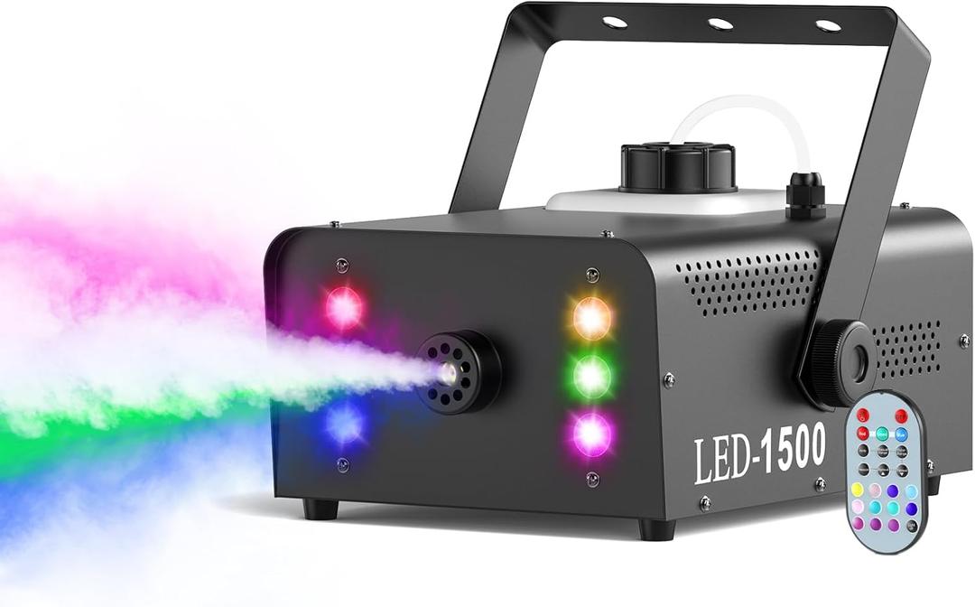 Fog Machine with 6 RGB LED Lights, 1500W Smoke Machine for Stage Party Halloween Christmas DJ Performance Wedding (Black)