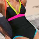 popvil Women's One Piece 2025 Tummy Control Swimsuits Neon Color Block Swimwear Deep V Neck Slimming Bathing Suit (Black, XL)