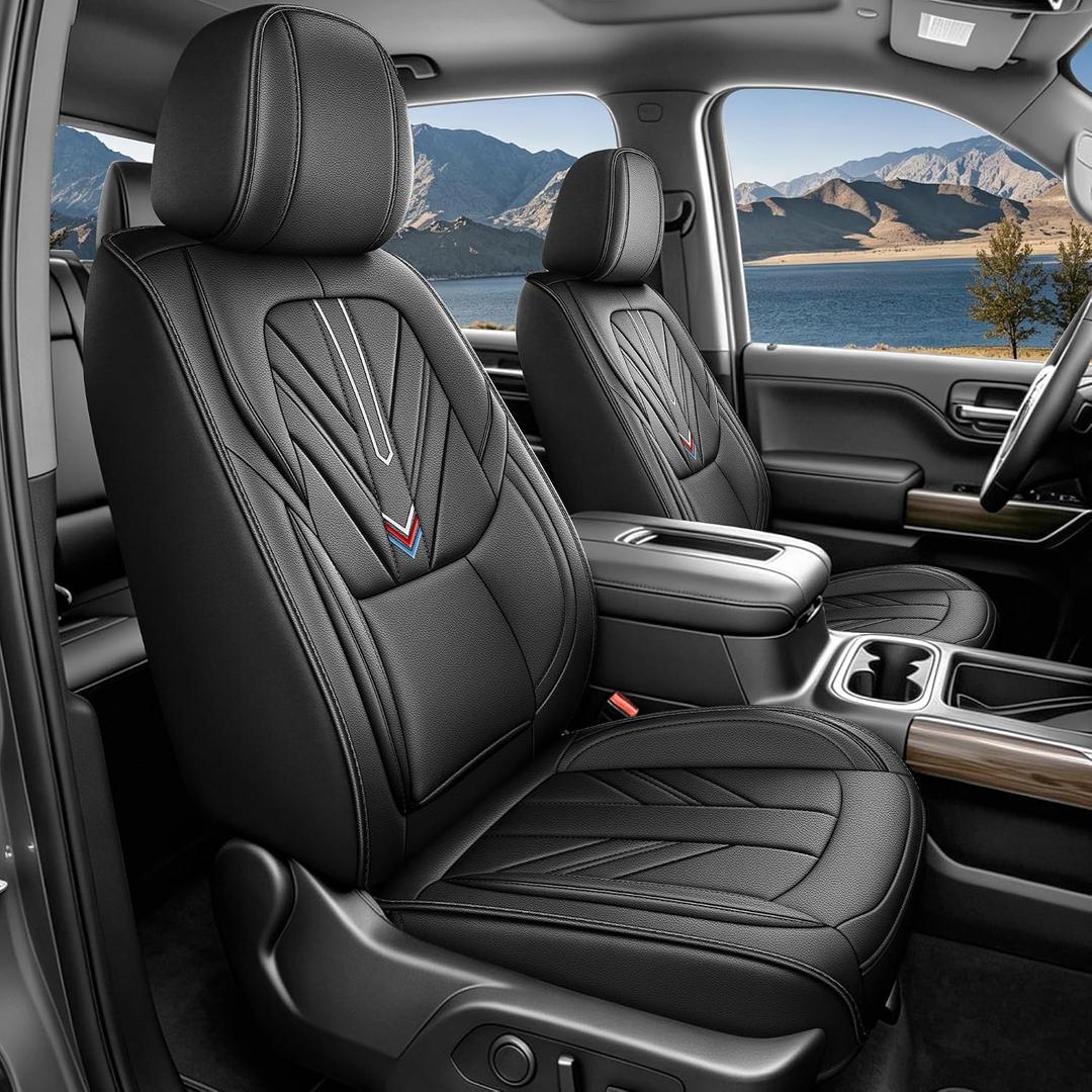 Seat Covers for Chevy Silverado GMC Sierra 2007-2026 Fit 1500 2500HD 3500HD | Custom Fit Trail Boss Z71 Crew Double Extended Cab,Durable Waterproof Faux Leather Seat Cushion Covers,Black 5 Seats