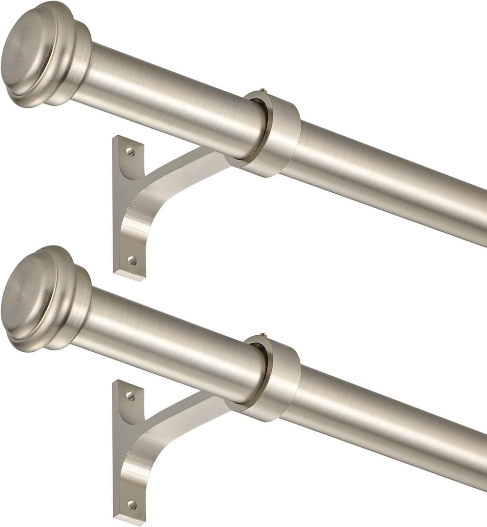 2 Pack Curtain Rods 28 to 48 Inches,1 Inch Curtain rods for Windows, Hanging Curtain Rod & Wall Mount with Brackets Heavy Duty Rod,End Cap Single Rod, Brushed Nickel (28"-48")