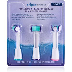 Compatible with Philips Sonicare ONLY- Three Headed Replacement Toothbrush Heads - Fits ONLY Sonicare Models: DiamondClean, Flexcare+, HealthyWhite+, 2 Series Plaque Control (Soft Bristles - 3 Pack)