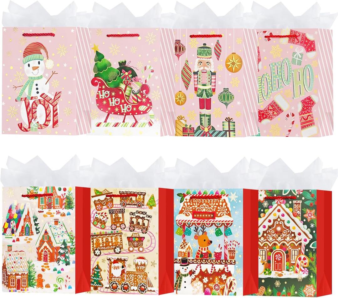 OFIHANLY 8 Pack 9" Small Size Christmas Gift Bags with Handles for Xmas Holiday Presents Cute Pink&Red Paper Wrapping Bag with Tissue Paper for Kids