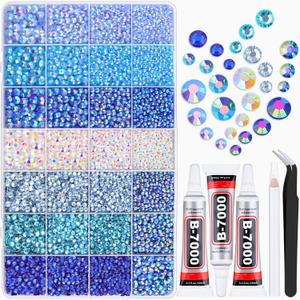20000Pcs Blue Rhinestones for Bedazzling with B7000 Jewelry Glue, Resin Rhinestones for Crafting Crafts DIY, Bedazzler Kit Gems for Clothing Shoes Tumblers Fabric Nail Art Assorted Size 3/4/5/6mm (X Large Pack + 3Pcs Glue)