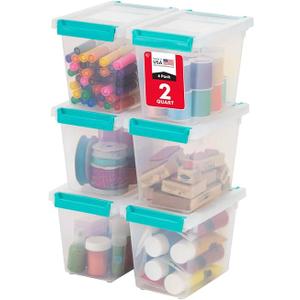 IRIS USA 2 Qt. Craft Storage Bins with Lids, 6-Pack, |Made in USA|, Clip Box, Small Tall Plastic Sensory Bin Tote Organizer Containers for Art Supplies, Paper, & Office, Stackable - Clear/Seafoam Blue